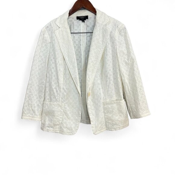 Talbots Blazer Jacket Women Size 10 White Stretch Embroidered Eyelet One Button - Picture 1 of 15